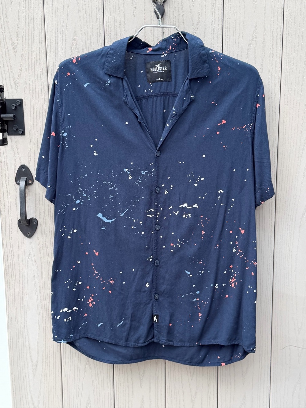 Hollister Navy Blue Short-Sleeve Button Down with Multicolor Paint Splatter- LG